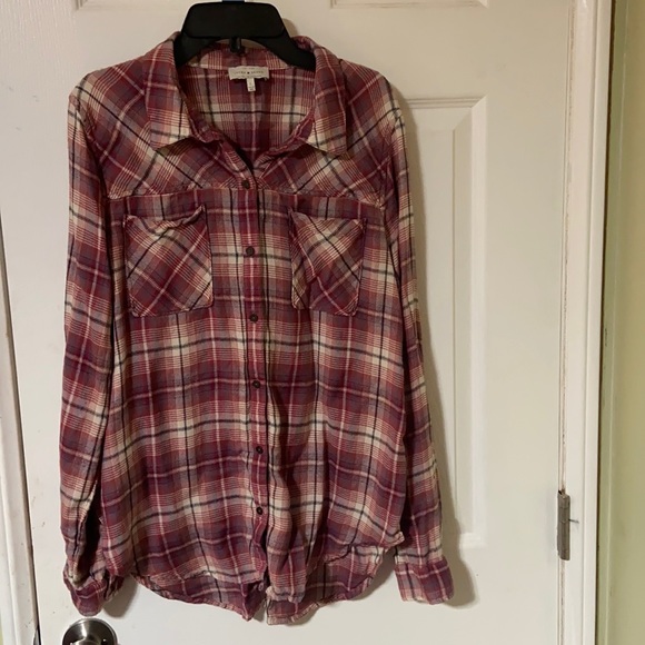 Lucky Brand Tops - Lucky Brand pink black white long sleeve button up flannel type shirt size L